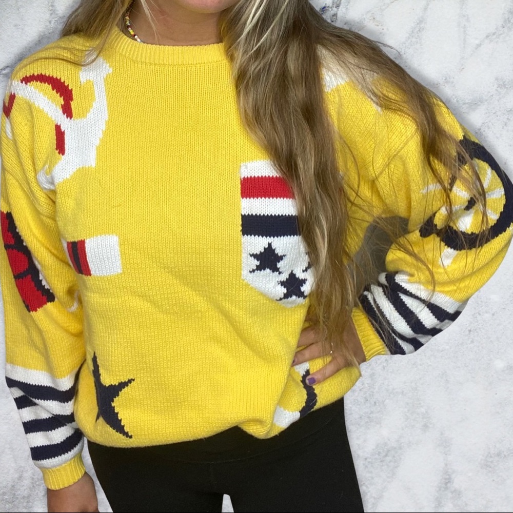 Anne Klein Yellow Multi-Color Graphic Crewneck Sweater
